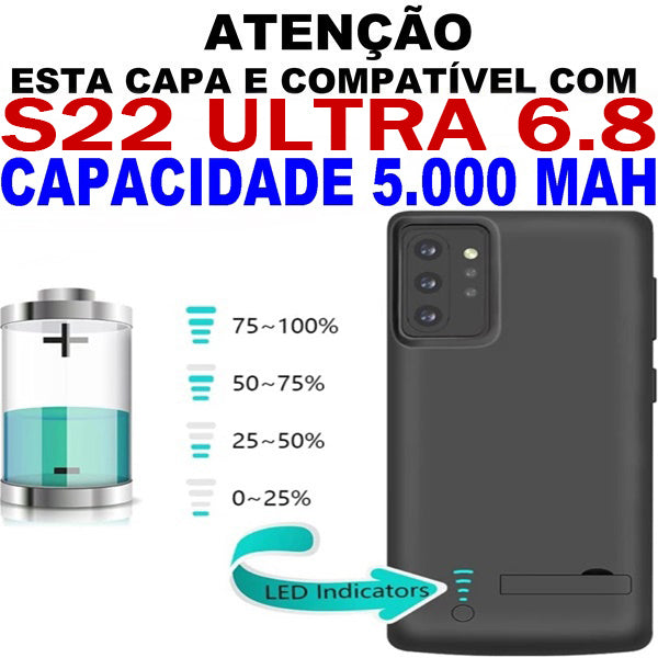 Capa Capinha carregadora Bateria Galaxy S23 S22 S21 S20 S10 S9 S8 Plus Ultra Note 20 10 9 8 Bateria Extra Recarregável